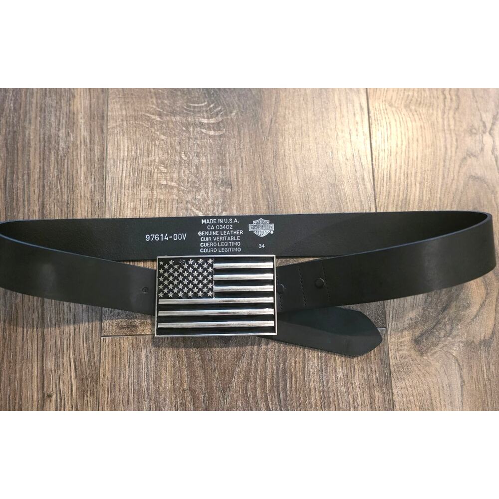 VTG Harley-Davidson American Flag Buckle Black Leather Belt Size 34 97614-00V - Picture 2 of 3